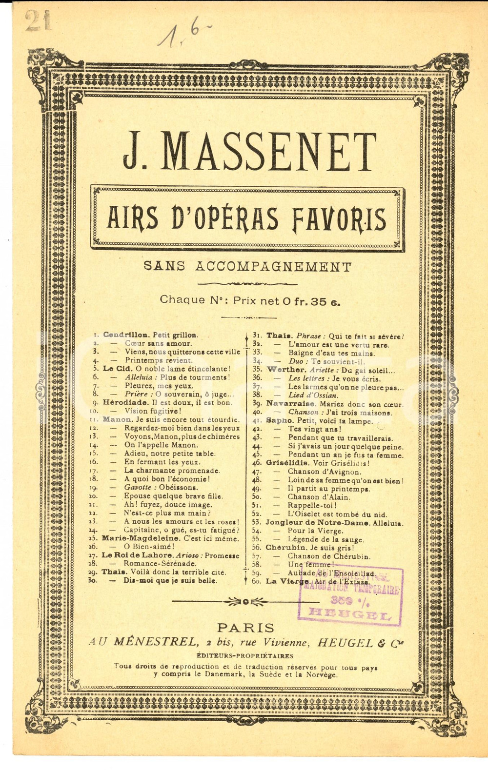 Oggetto da collezione cartaceo 1920 ca Jules MASSENET MANON Ah! Fuyez douce image Spartito ed. AU MENESTREL 1