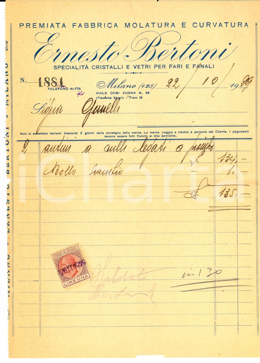 Documento originale, autentico 1929 MILANO Ernesto BERTONI Fabbrica molatura e curvatura Fattura con bollo 1