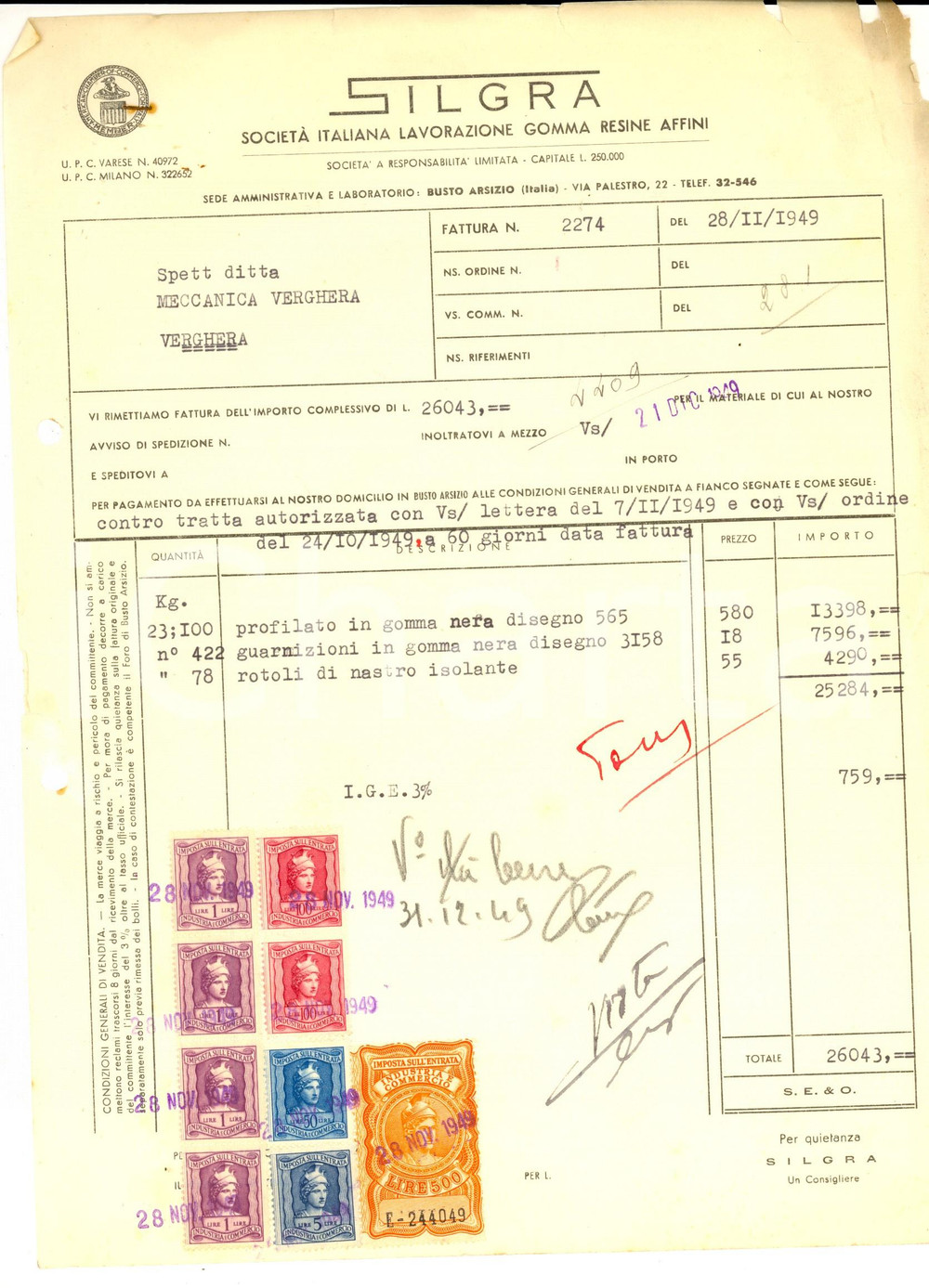 Documento originale, autentico 1949 BUSTO ARSIZIO VA Ditta SILGRA Gomma Resine Fattura con bolli 1