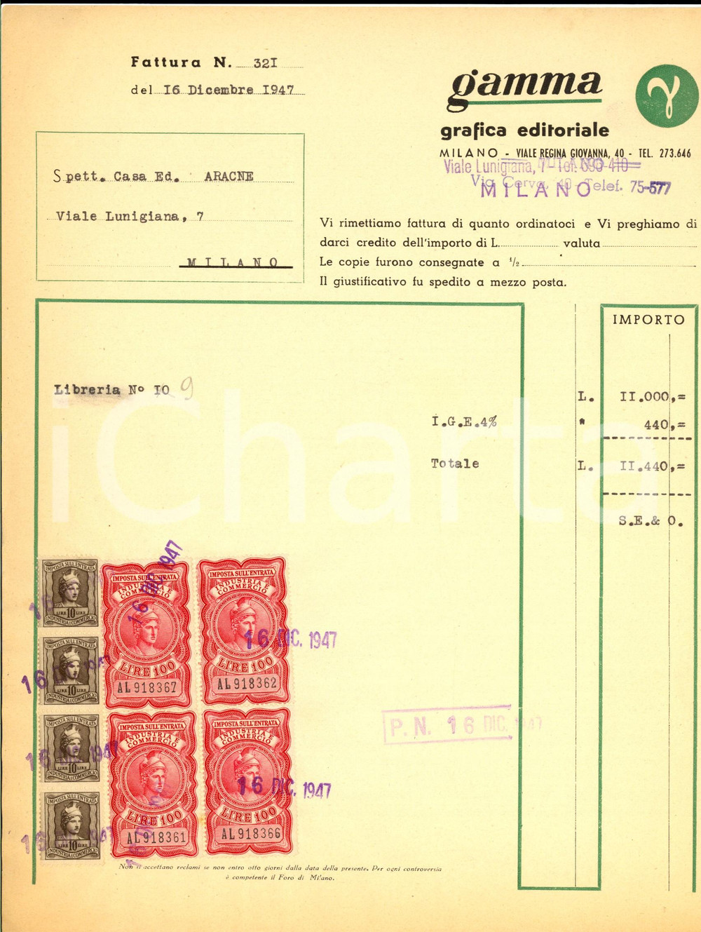 Documento originale, autentico 1947 MILANO Ditta GAMMA Grafica editoriale Fattura per libreria BOLLI 1