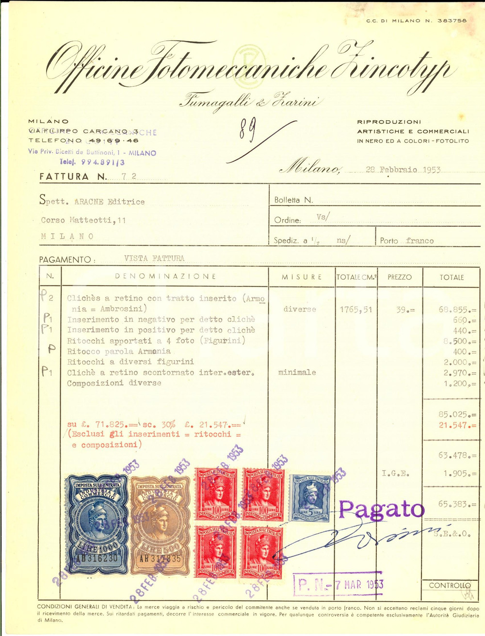 Documento originale, autentico 1953 MILANO Officine Fotomeccaniche ZINCOTYP Fattura intestata con BOLLI 1
