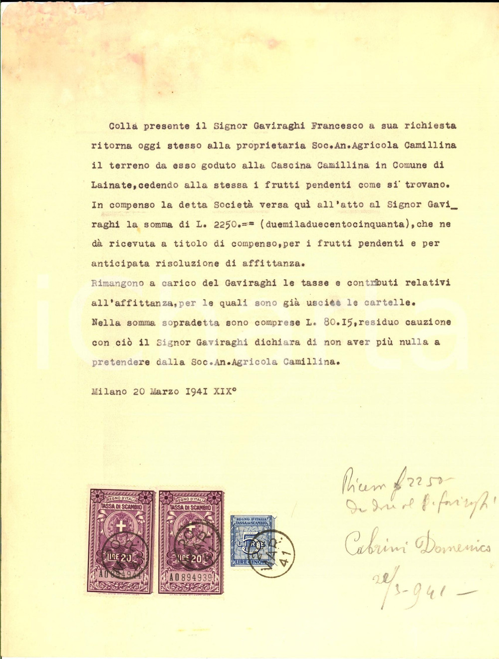 1941 LAINATE (MI) Francesco GAVIRAGHI restituisce Cascina CAMILLINA *Lettera CONDIZIONI: fair     originale e autentica 1