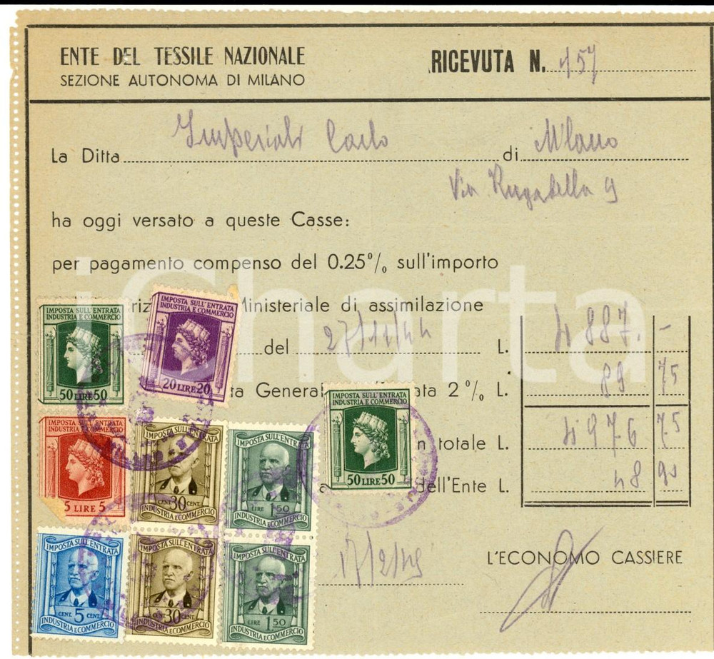 Documento originale, autentico 1945 MILANO RSI Ente TESSILE Nazionale  Ricevuta ditta Carlo IMPERIALI Bolli 1