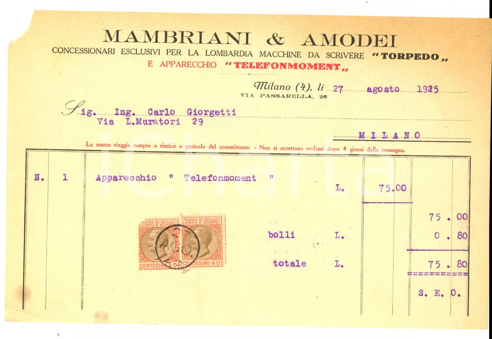 Documento originale, autentico 1925 MILANO Ditta MAMBRIANI & AMODEI Macchine da scrivere TORPEDO Fattura 1
