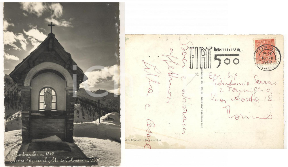 Materiale pubblicitario d’epoca 1957 BARDONECCHIA Nostra Signora Monte COLOMION Cartolina TIMBRO Nuova FIAT 500 1