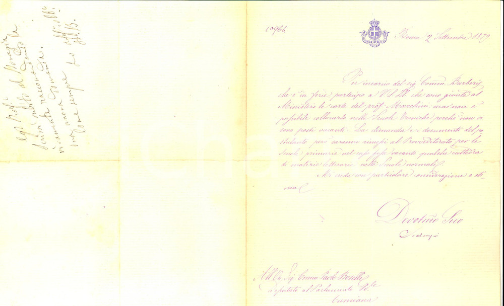 Autografo originale 1879 ROMA Ministro respinge richieste Isidoro MARCHINI AUTOGRAFO Paolo BOSELLI 1
