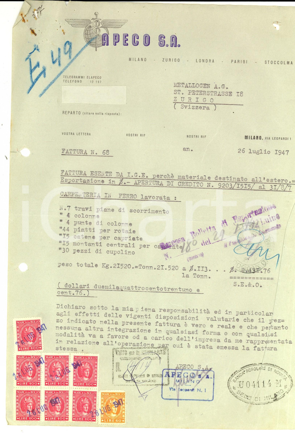 Documento originale, autentico 1947 MILANO Ditta APECO S. A. Fattura per materiale destinato all estero 1