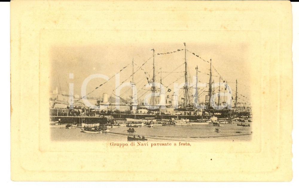 Cartolina originale da collezione 1900 ca REGIA MARINA Gruppo di navi pavesate a festa Cartolina postale FP NV 1