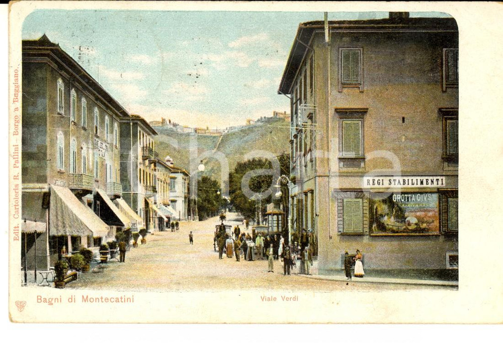 Cartolina originale da collezione 1900 ca MONTECATINI TERME Viale VERDI Cartolina ANIMATA Grotta GIUSTI FP VG 1