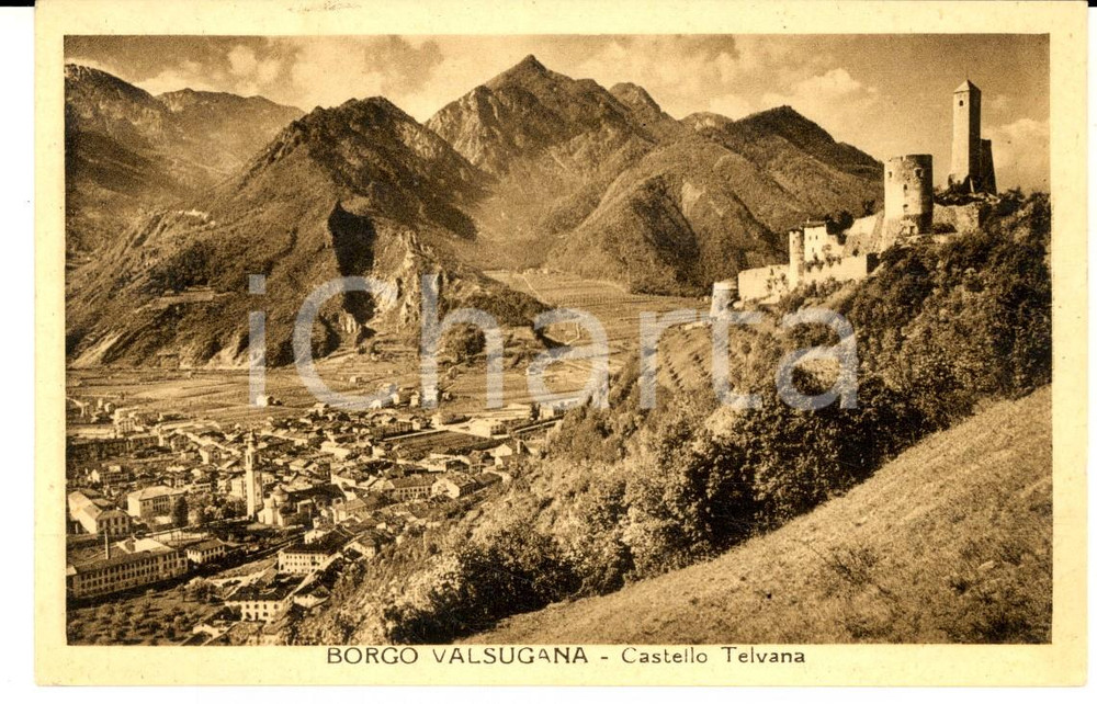 Cartolina originale da collezione 1949 BORGO VALSUGANA TN Veduta del paese con CASTELLO TELVANA Cartolina FP VG 1
