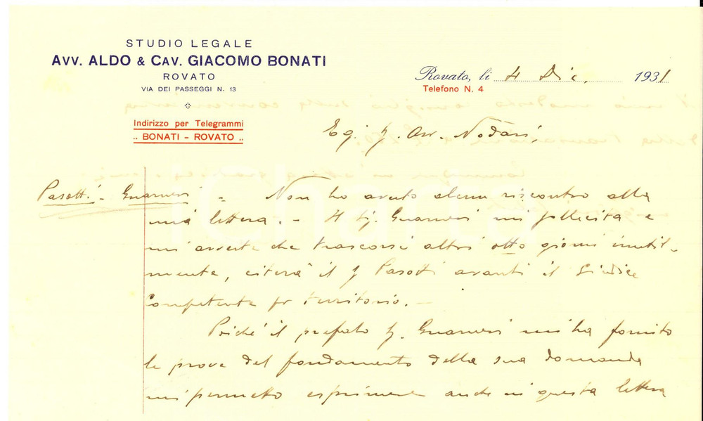 Manoscritto, lettera originale 1931 ROVATO BS Lettera studio legale avv. Aldo & cav. Giacomo BONATI 1