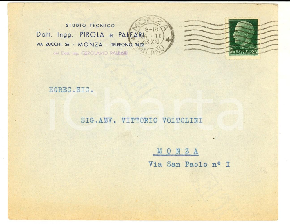 Documento originale, autentico 1943 STORIA POSTALE RSI MONZA Busta studio tecnico Ingg. PIROLA e PALEARI 1