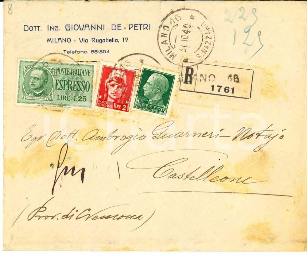 Materiale pubblicitario d’epoca 1940 MILANO STORIA POSTALE Busta ing. Giovanni DE PETRI Mista  L. 2 + ESPRESSO 1