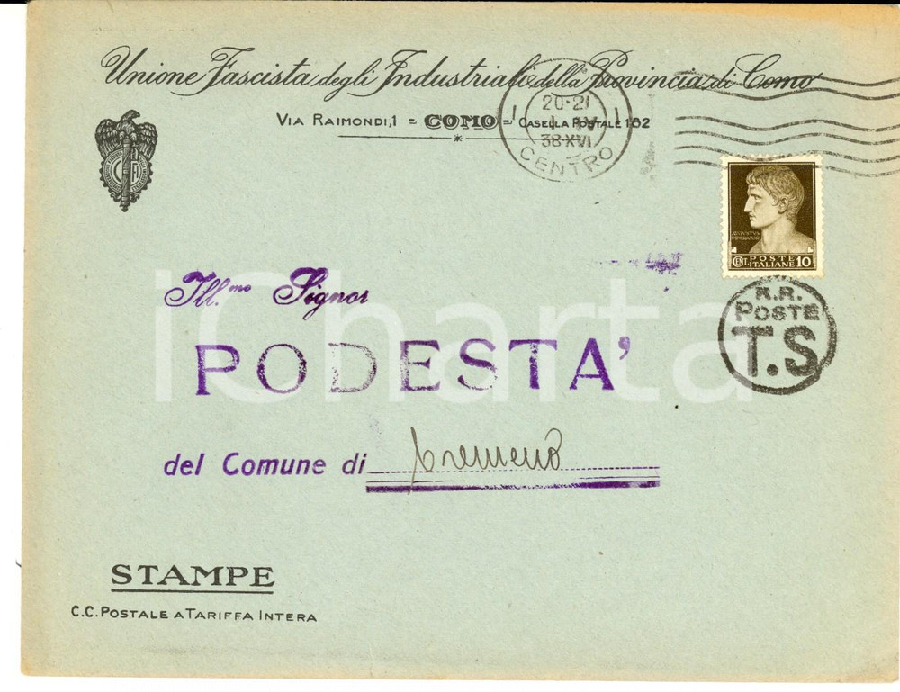 Materiale pubblicitario d’epoca 1938 STORIA POSTALE COMO Unione Fascista Industriali Busta intestata 1