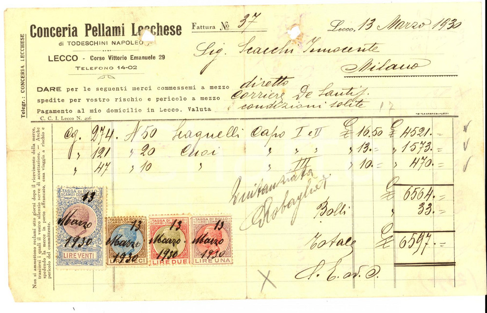 Documento originale, autentico 1930 LECCO Conceria Pellami lecchese di Napoleone TODESCHINI Fattura intestata 1