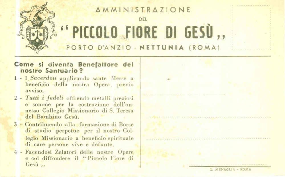 Cartolina originale da collezione 1935 ca ANZIO RM Amministrazione Piccolo Fiore di Gesù a NETTUNIA Cartolina FP 1