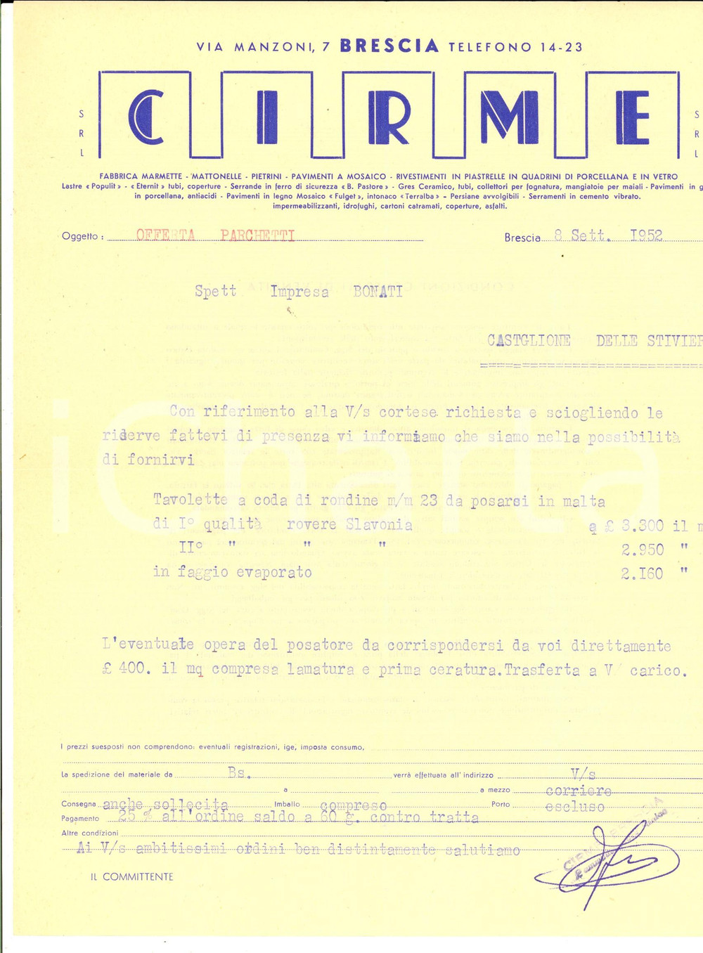 Documento originale, autentico 1952 BRESCIA Ditta CIRME Pavimenti e rivestimenti  Offerta parchetti 1