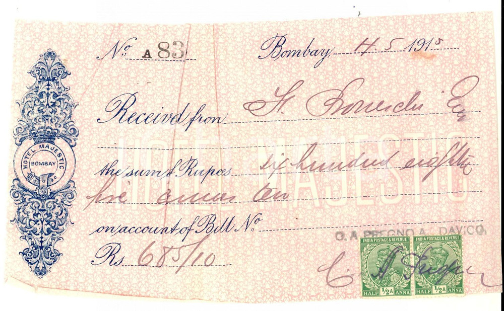Documento originale, autentico 1915 BOMBAY INDIA Ricevuta per soggiorno all Hotel MAJESTIC VINTAGE 1