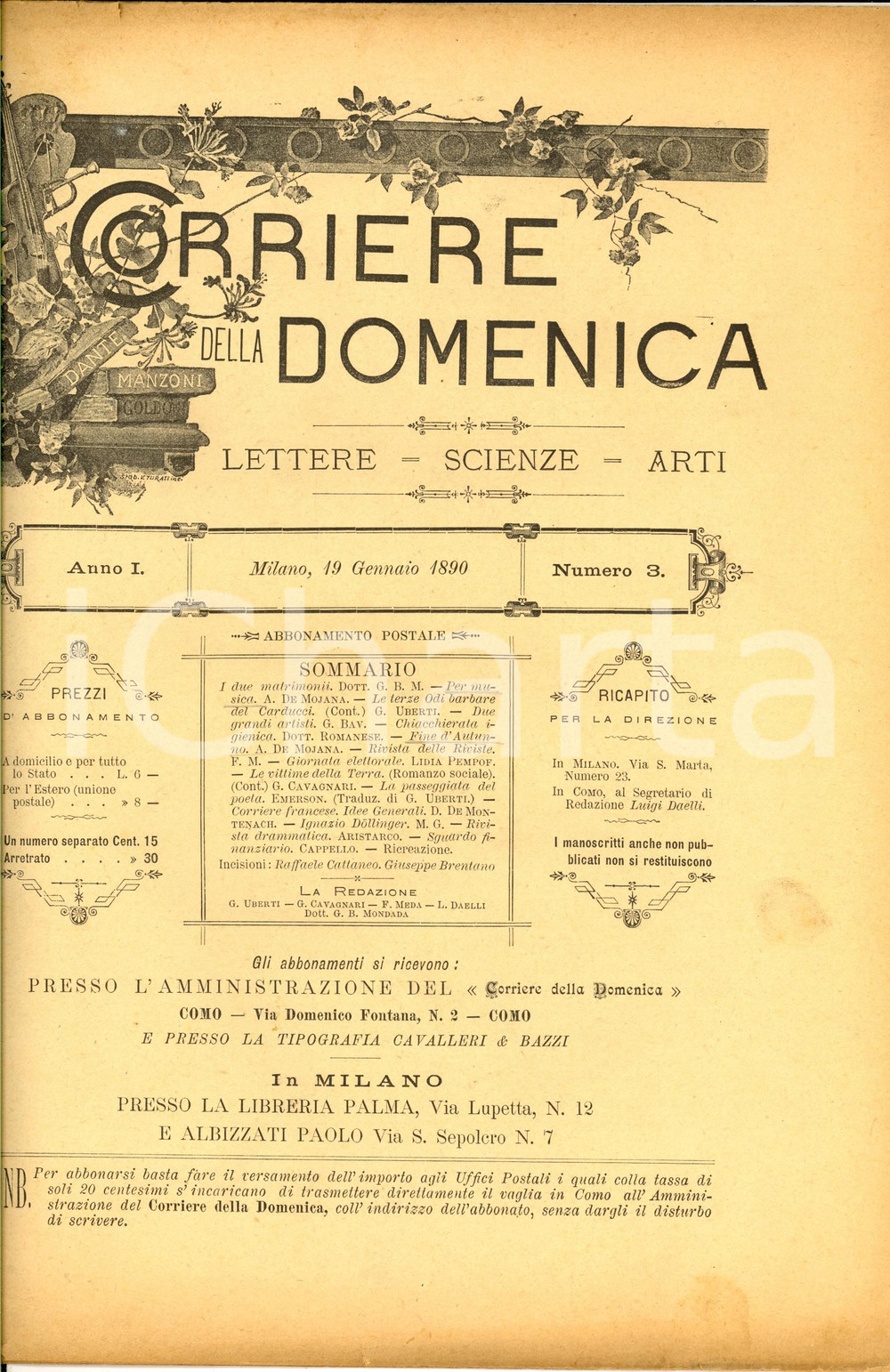 Giornale, rivista storica 1890 CORRIERE DELLA DOMENICA In morte di Raffaele CATTANEO Rivista ANNO I nÂ° 3 1