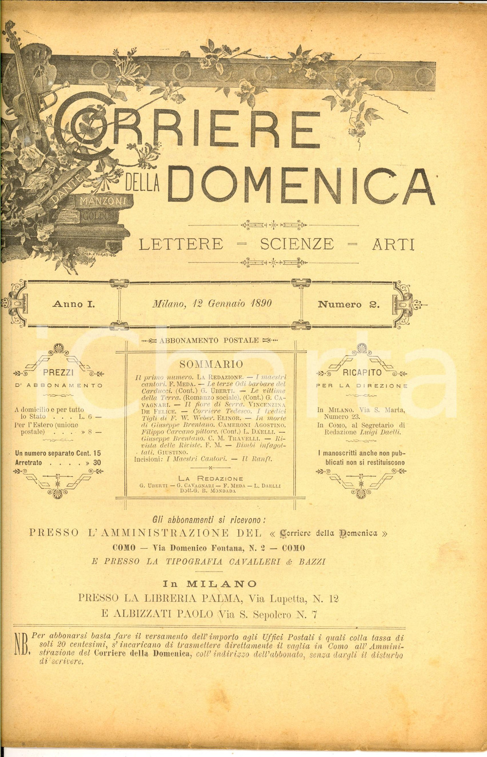 Giornale, rivista storica 1890 CORRIERE DELLA DOMENICA In morte di Giuseppe BRENTANO Rivista ANNO I nÂ°2 1