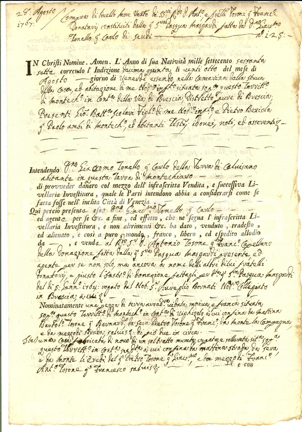 Documento originale, autentico 1767 MONTICHIARI BS Giacomo TONELLO vende terreno ad Antonio TOSONE 1