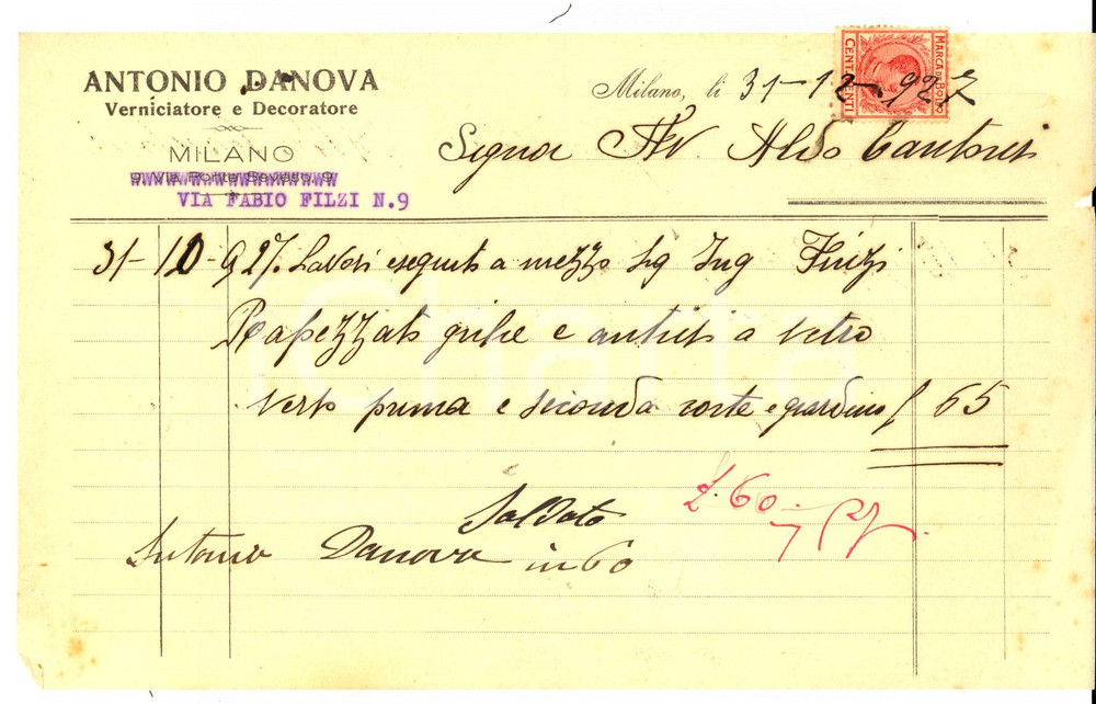 Documento originale, autentico 1927 MILANO Via Filzi 9 Antonio DANOVA Verniciatore e decoratore Ricevuta 1