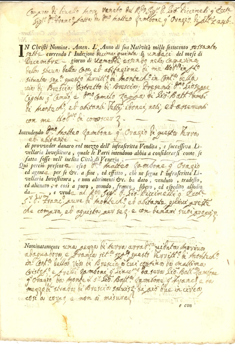 Documento originale, autentico 1767 MONTICHIARI Matteo ZAMBONE vende terra VIA DI BRESCIA a Giovanni PICCINELLI 1