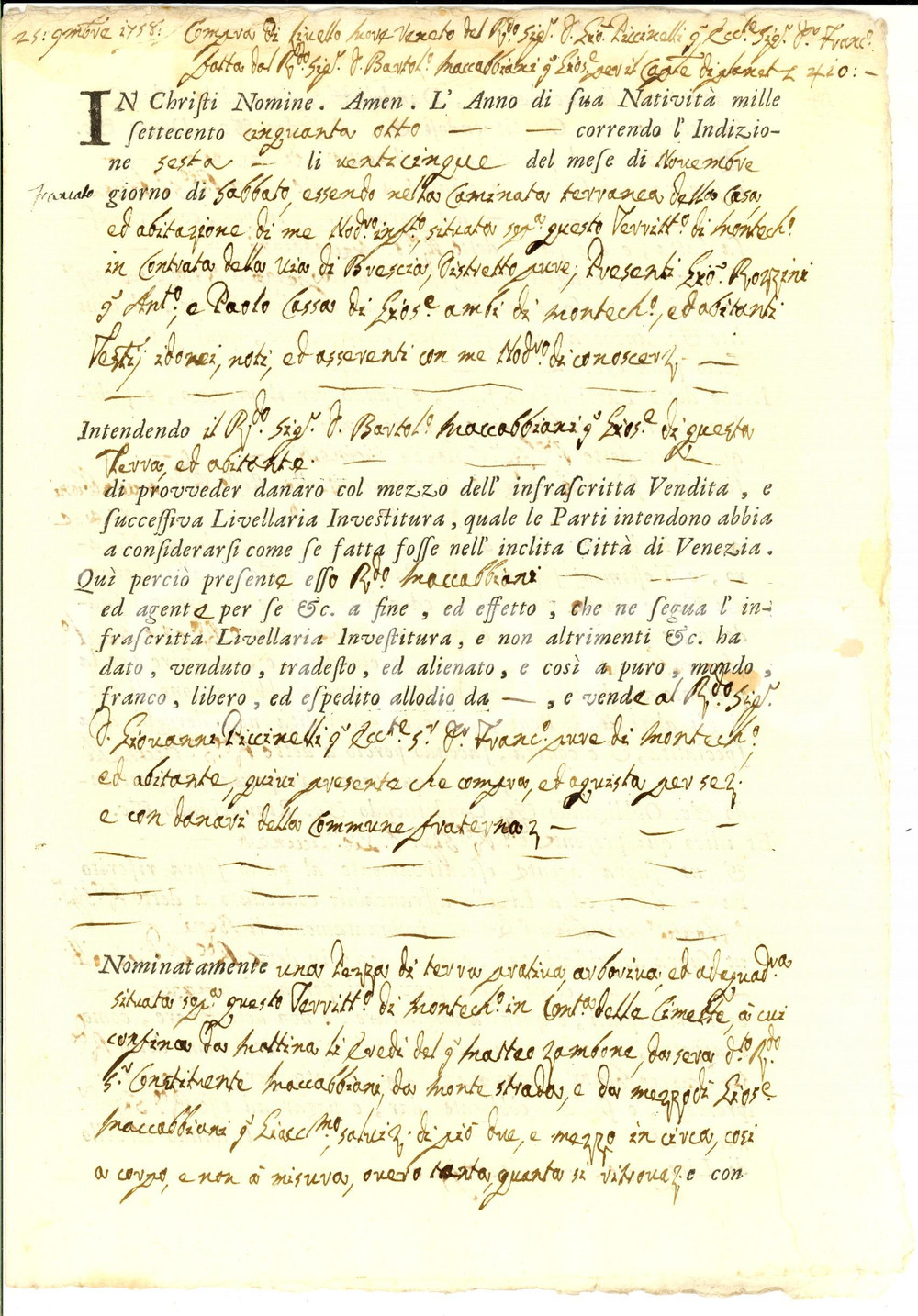 Documento originale, autentico 1758 MONTICHIARI Bartolomeo MACCABBIANI vende terra a Giovanni PICCINELLI 1