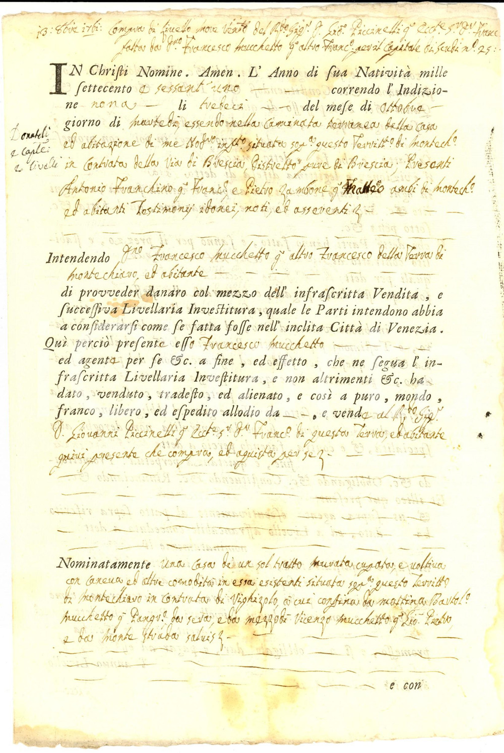Documento originale, autentico 1761 MONTICHIARI VIGHIZZOLO Francesco MUCCHETTO vende casa a Giovanni PICCINELLI 1