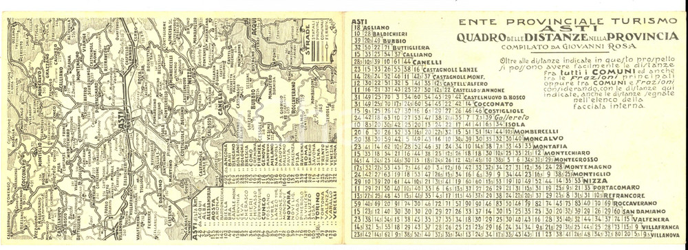 Materiale pubblicitario d’epoca 1950 ca Ente Provinciale Turismo ASTI Quadro distanze compilato da Giovanni ROSA 1