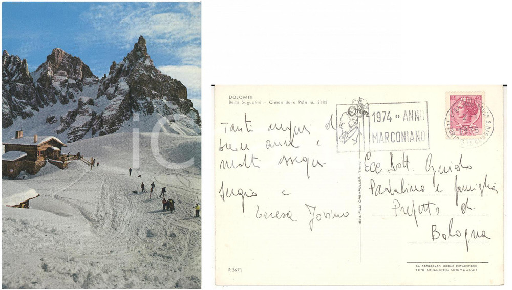 Materiale pubblicitario d’epoca 1975 CIMON DELLA PALA TN Baita SEGANTINI Cartolina TIMBRO Anno marconiano 1