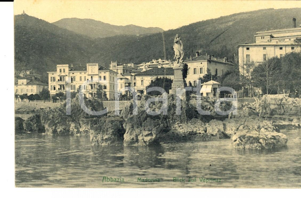 Cartolina originale da collezione 1915 ca ABBAZIA / OPATIJA CROAZIA Panorama con statua della Madonna FP NV 1