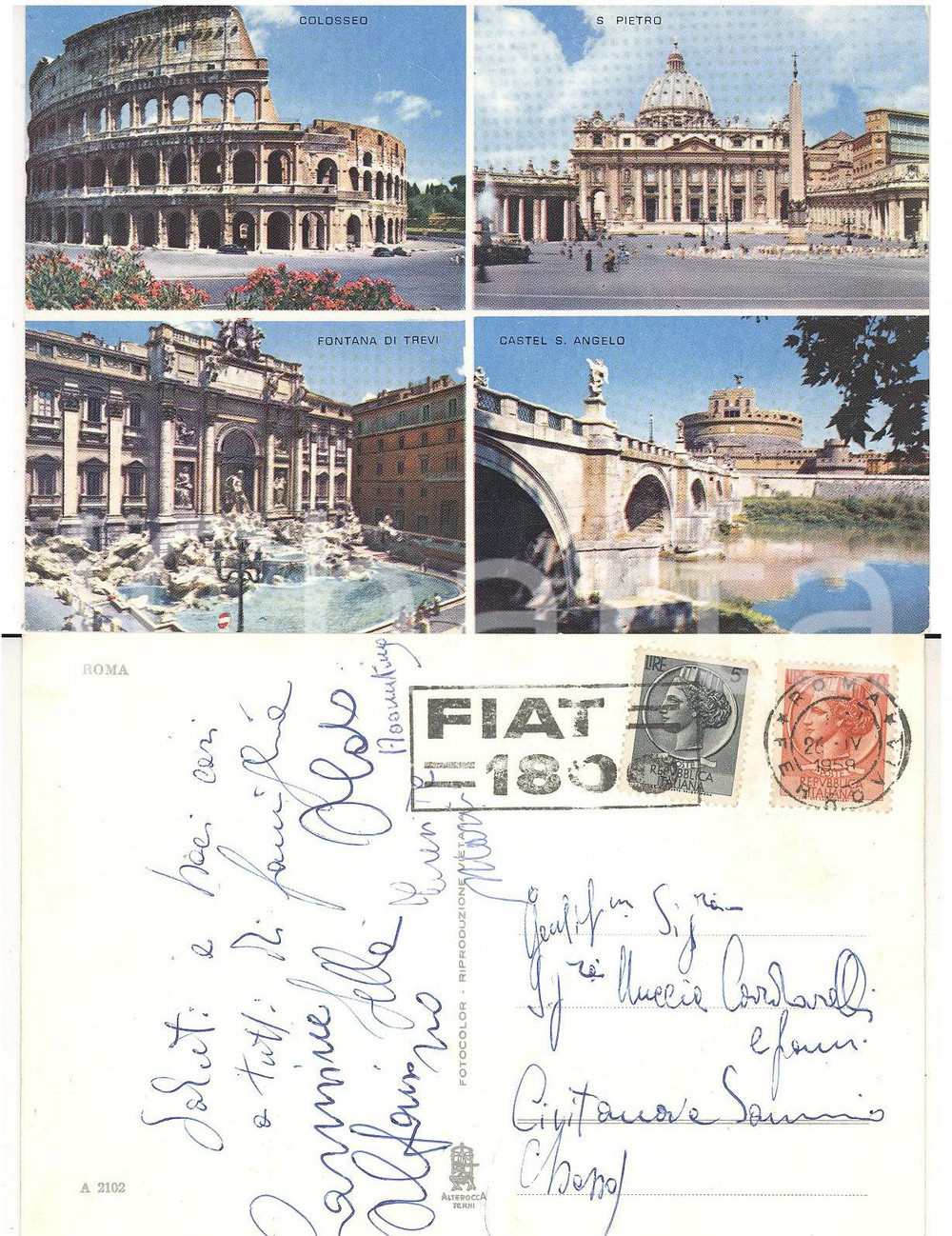 Cartolina originale da collezione 1959 ROMA Vedutine Colosseo Cartolina TIMBRO PUBBLICITARIO FIAT 1800 1