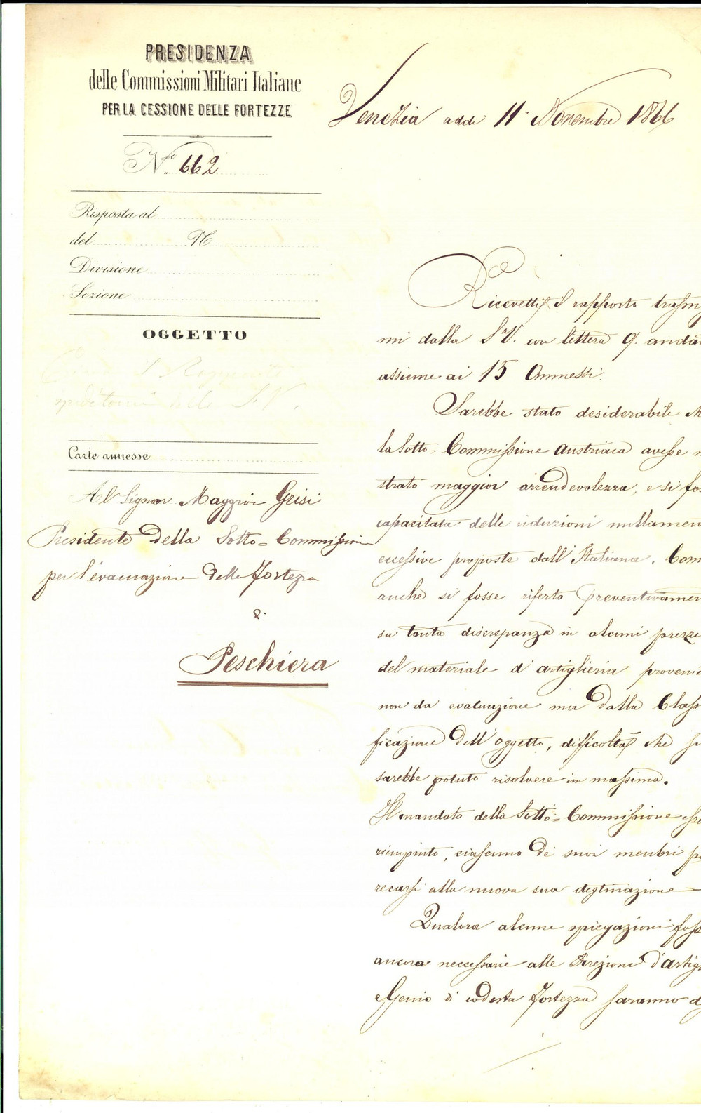 Documento originale, autentico 1866 Fortezza PESCHIERA Giovanni THAON DI REVEL critica gli austriaci AUTOGRAFO 1