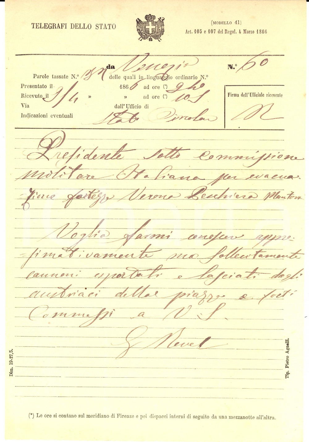 1866 Fortezza PESCHIERA Telegramma per cannoni lasciati dagli Austriaci