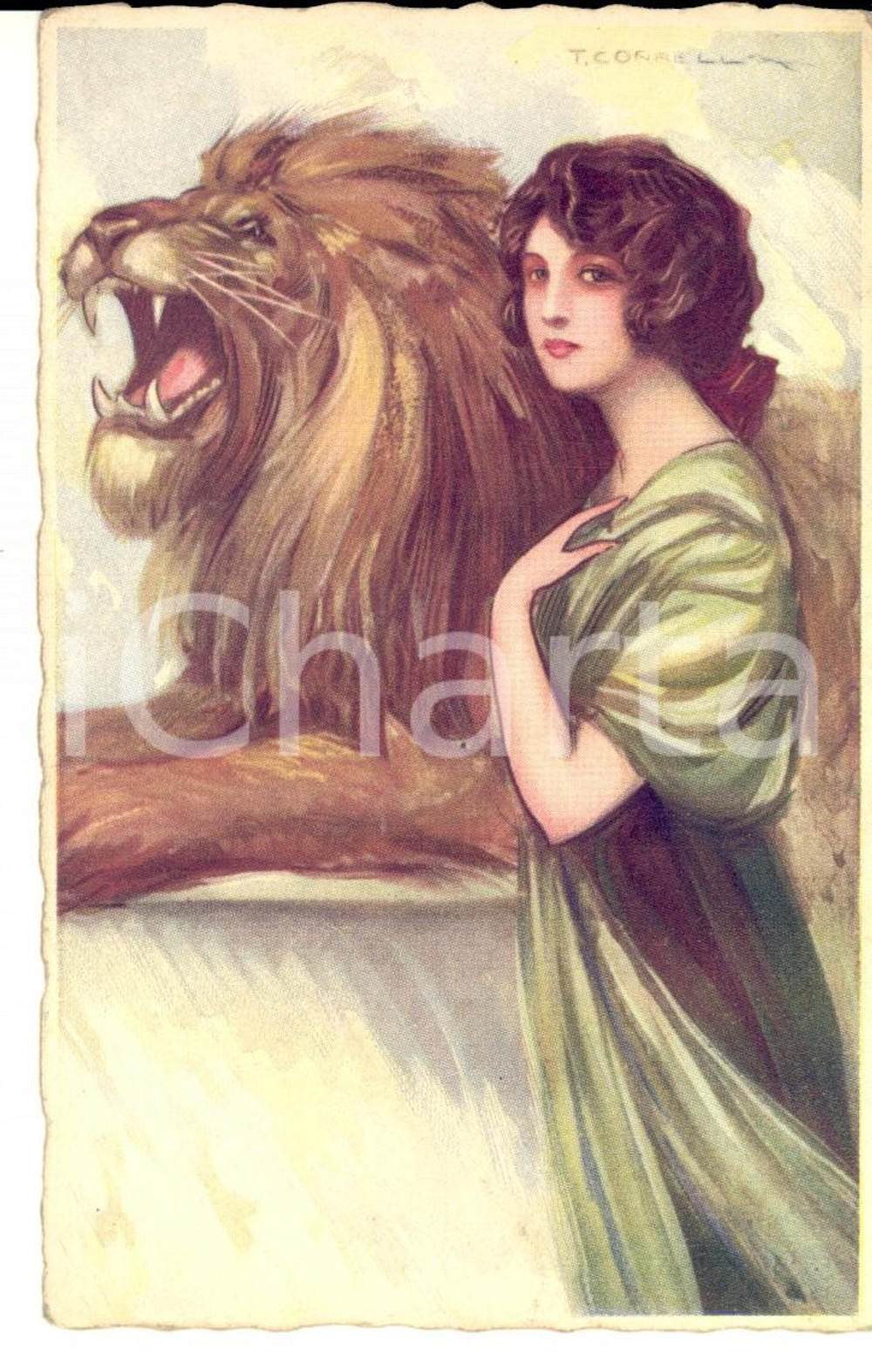 Cartolina originale da collezione 1910 ca La fanciulla e il leone Cartolina ILLUSTRATA T. CORRELL FP NV 1