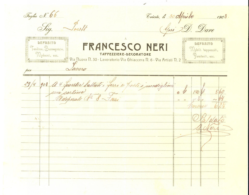 Documento originale, autentico 1908 TRIESTE Francesco NERI Tappezziere  decoratore Fattura intestata 1