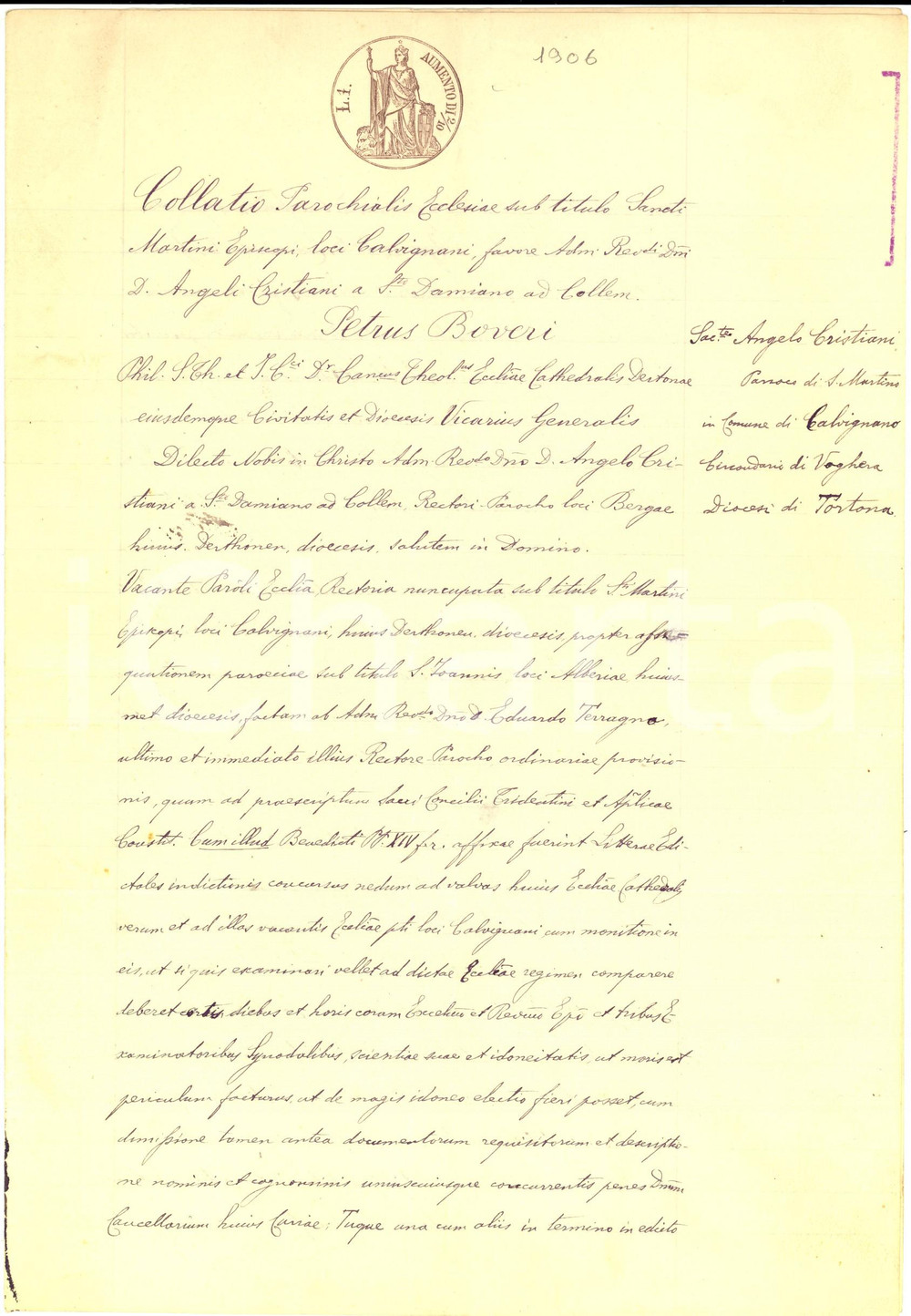 Documento originale, autentico 1906 CALVIGNANO Atto collazione beneficio SAN MARTINO pro don Angelo CRISTIANI 1