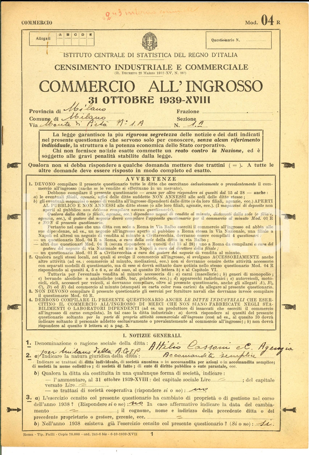 Documento originale, autentico 1939 MILANO Censimento commercio ingrosso Scheda ditta Attilio CASSONI 1