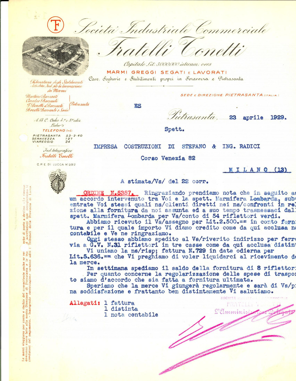Documento originale, autentico 1929 PIETRASANTA LU SocietÃ  Industriale Commerciale Fratelli TONETTI Lettera 1