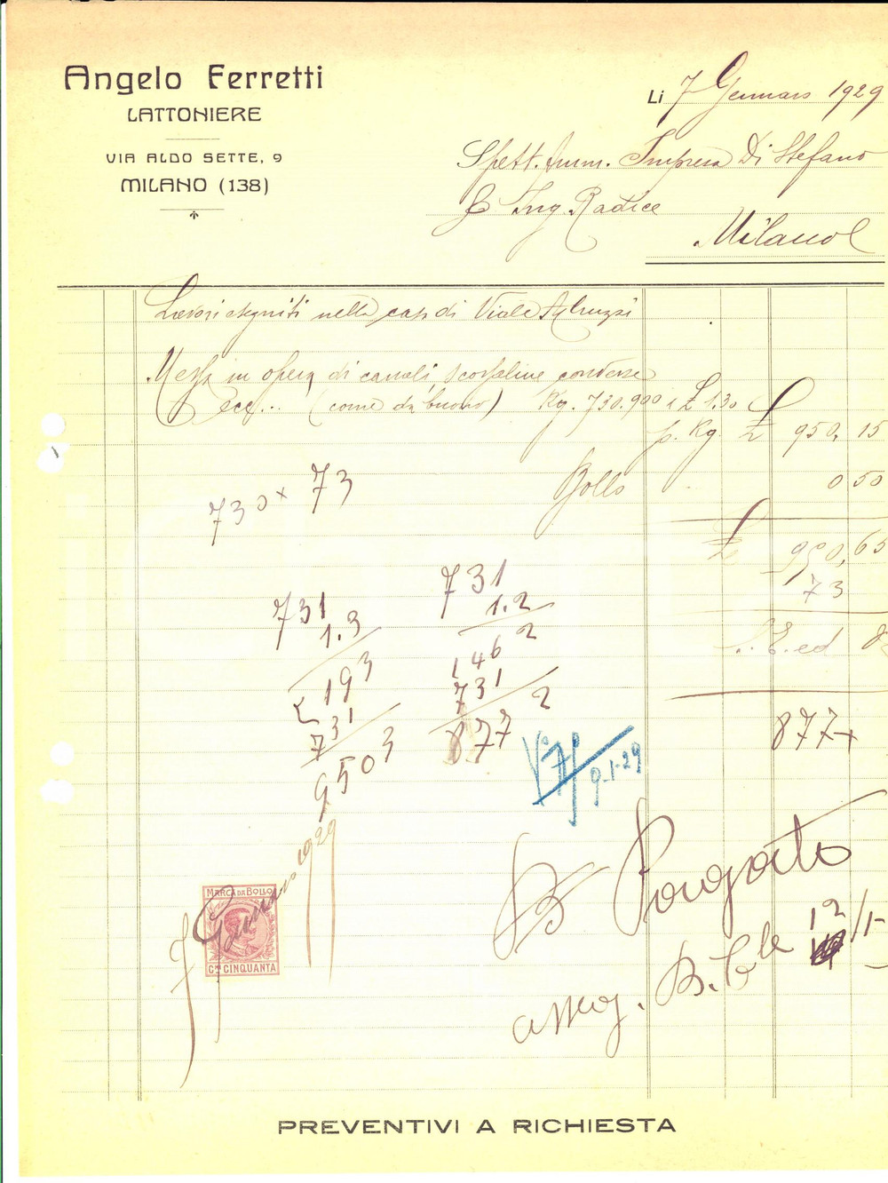 Documento originale, autentico 1929 MILANO Angelo FERRETTI Lattoniere Fattura manoscritta su carta intestata 1