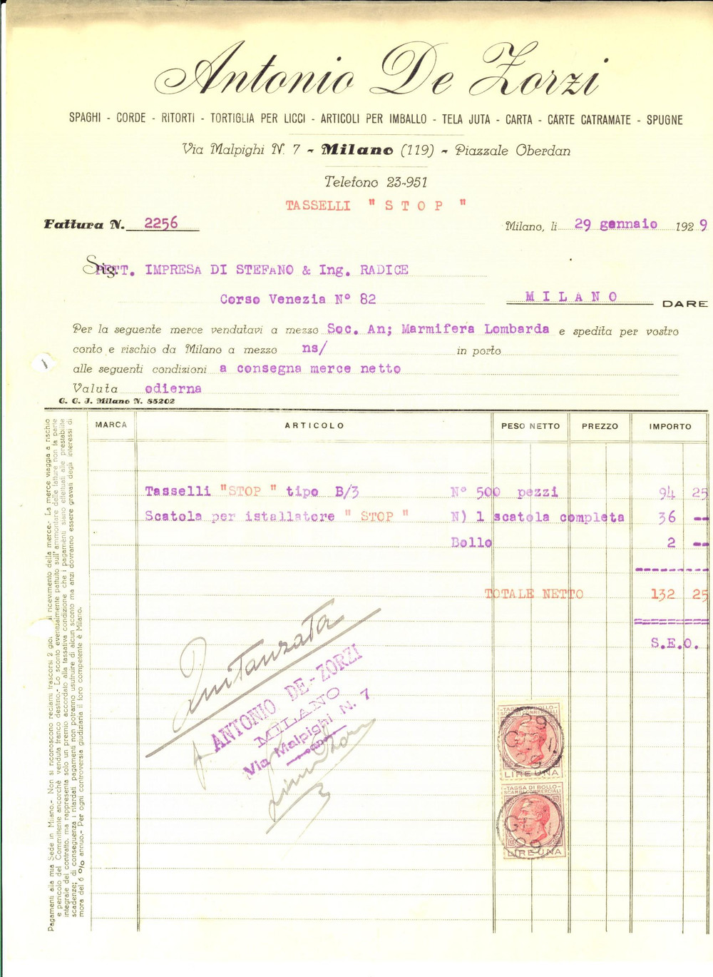 Documento originale, autentico 1929 MILANO Ditta Antonio DE ZORZI Fattura intestata per scatole con bolli 1