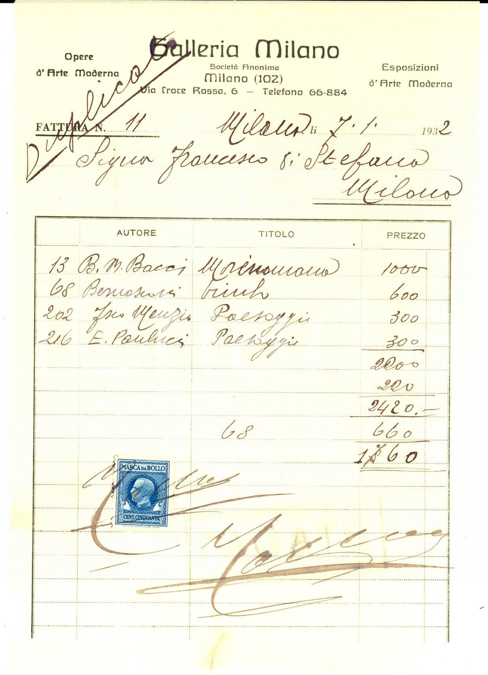 Documento originale, autentico 1932 MILANO SocietÃ  Anonima GALLERIA MILANO  Fattura per quadri MENZIO  BACCI 1