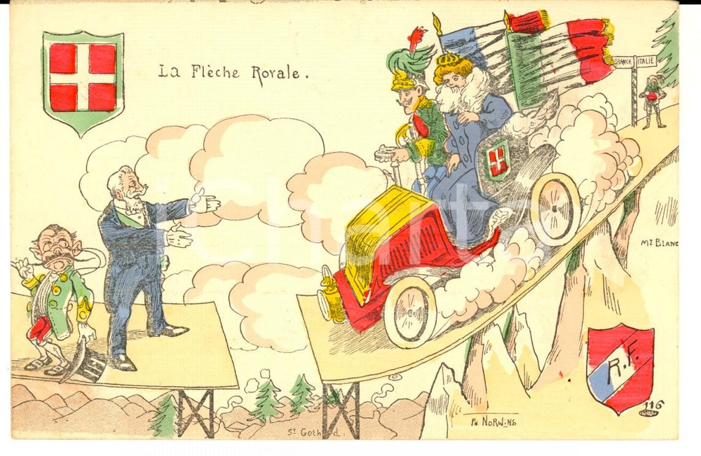 Cartolina originale da collezione 1900 ca LA FLECHE ROYALE Re d Italia salta il confine Cartolina SATIRICA FP NV 1