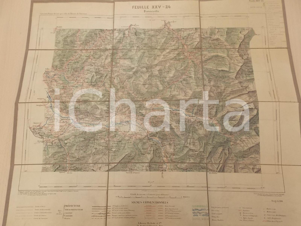 Mappa, planimetria storica 1888 Carte de FRANCE  BONNEVILLE HAUTE SAVOIE Mappa su tela n°24 50x45 cm 1