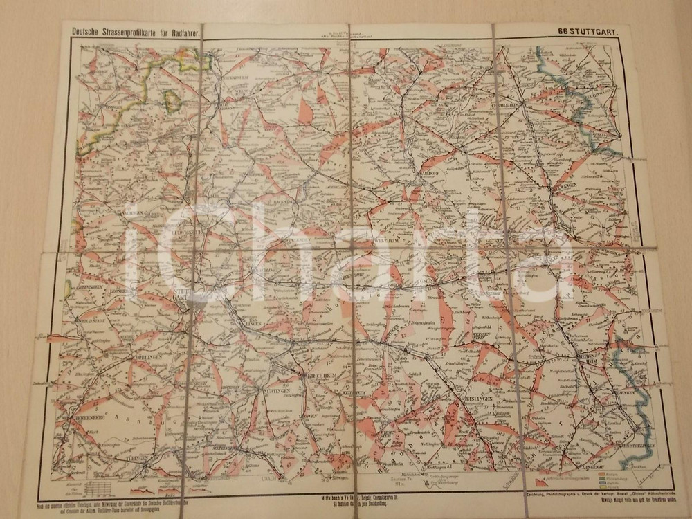 Mappa, planimetria storica 1910 ca STUTTGART Deutsche Strassenprofilkarte fur Radfahrer 45x33 cm 1