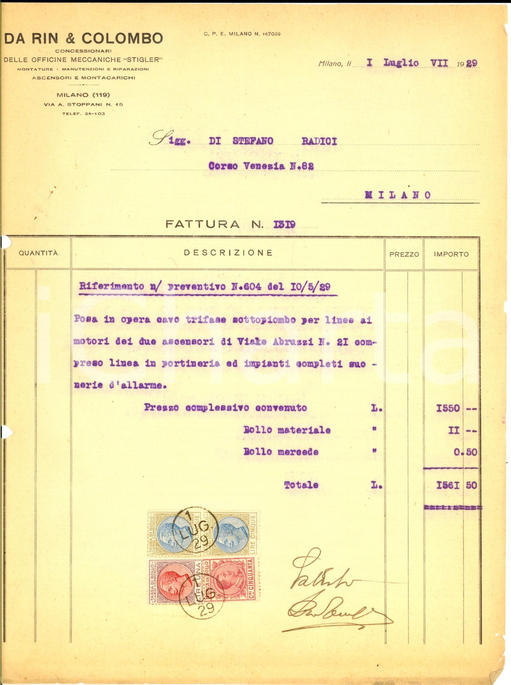 Documento originale, autentico 1929 MILANO Ditta DA RIN & COLOMBO Officina elettromeccanica Fattura 1