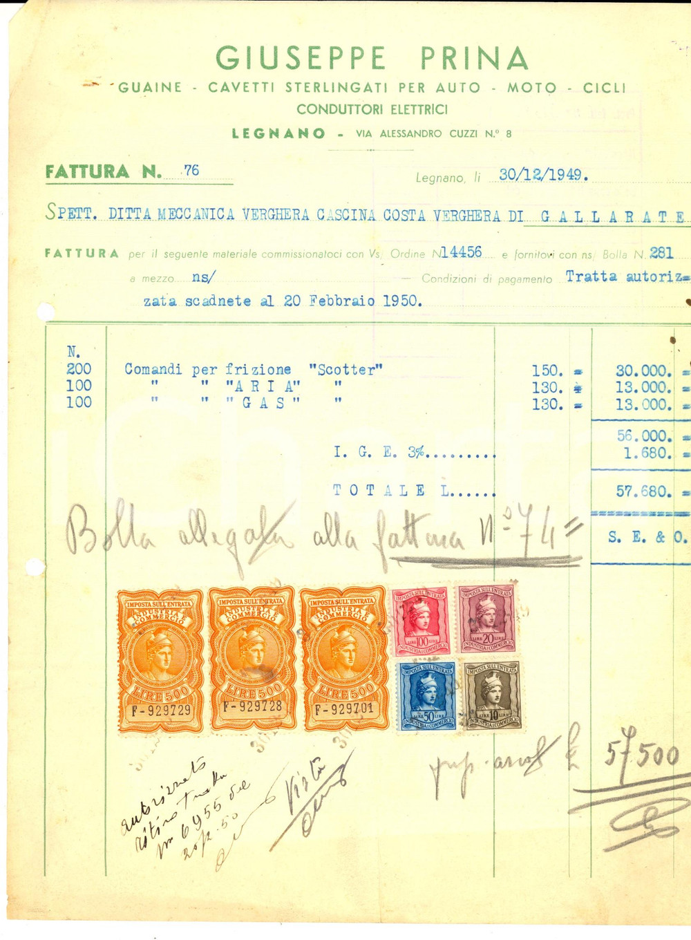 Documento originale, autentico 1949 LEGNANO MI Ditta Giuseppe PRINA guaine e cavetti sterlingati Fattura 1