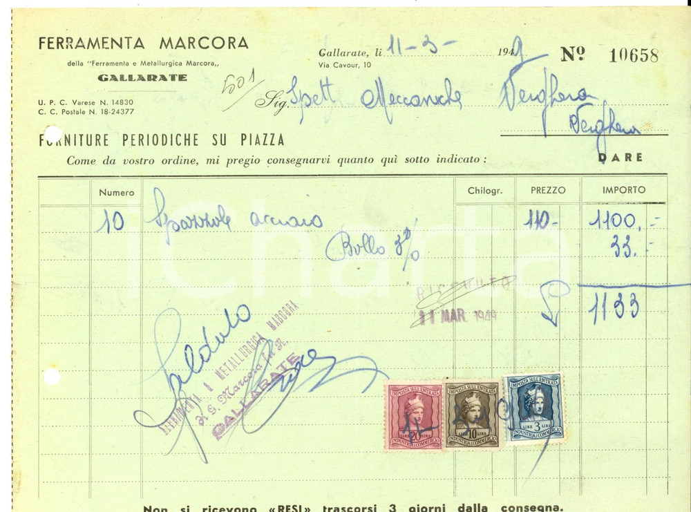 Documento originale, autentico 1949 GALLARATE VA Ferramenta MARCORA Fattura commerciale intestata 1