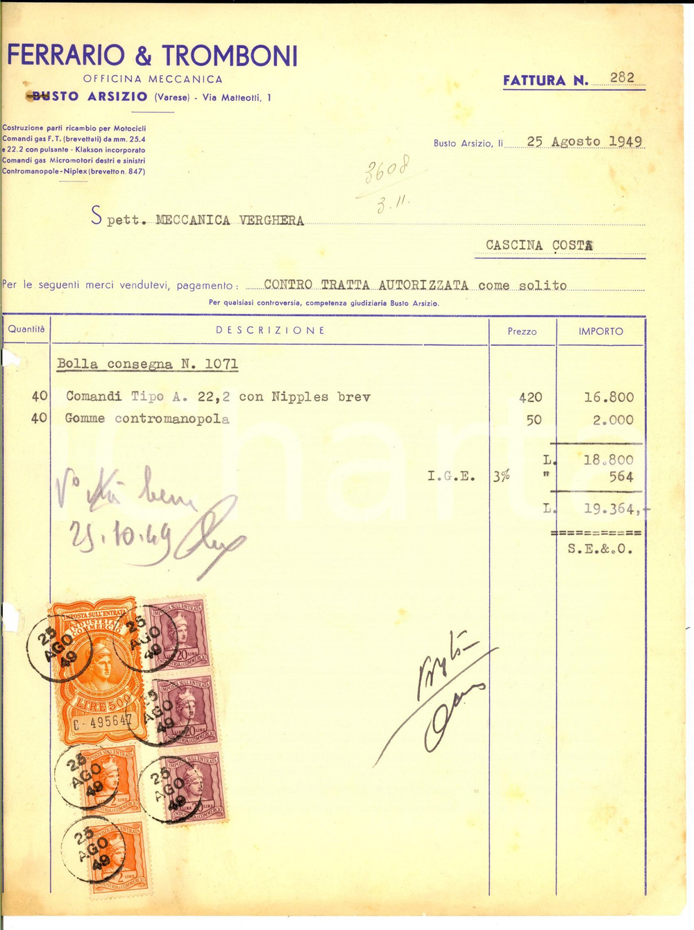 Documento originale, autentico 1949 BUSTO ARSIZIO VA Ditta FERRARIO & TROMBONI Officina Fattura con bolli 1